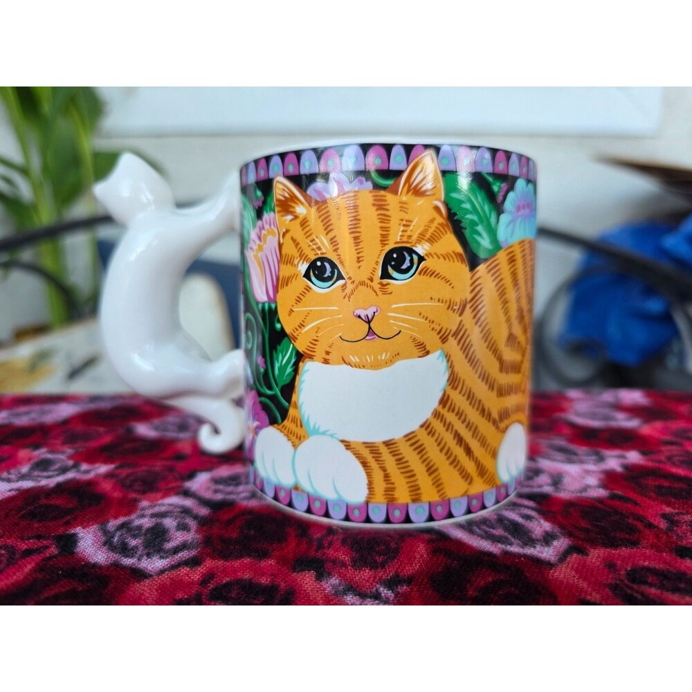 Russ Berrie Cat Mug Orange Grey Tabby Figural White Cat Handle 12471